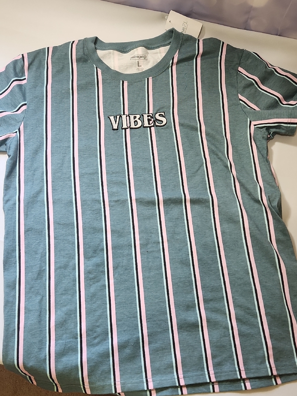 Vibes Striped Short Sleeve Tee - Teal & Pink 💯% Cotton